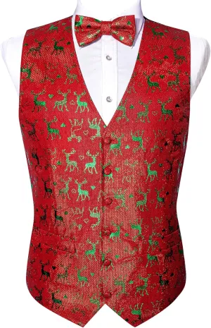 Barry.Wang Mens Christmas Vest Red Green Xmas Tree Snowman Snowflake Festival Suit Waistcoat Bow Tie Set Holiday