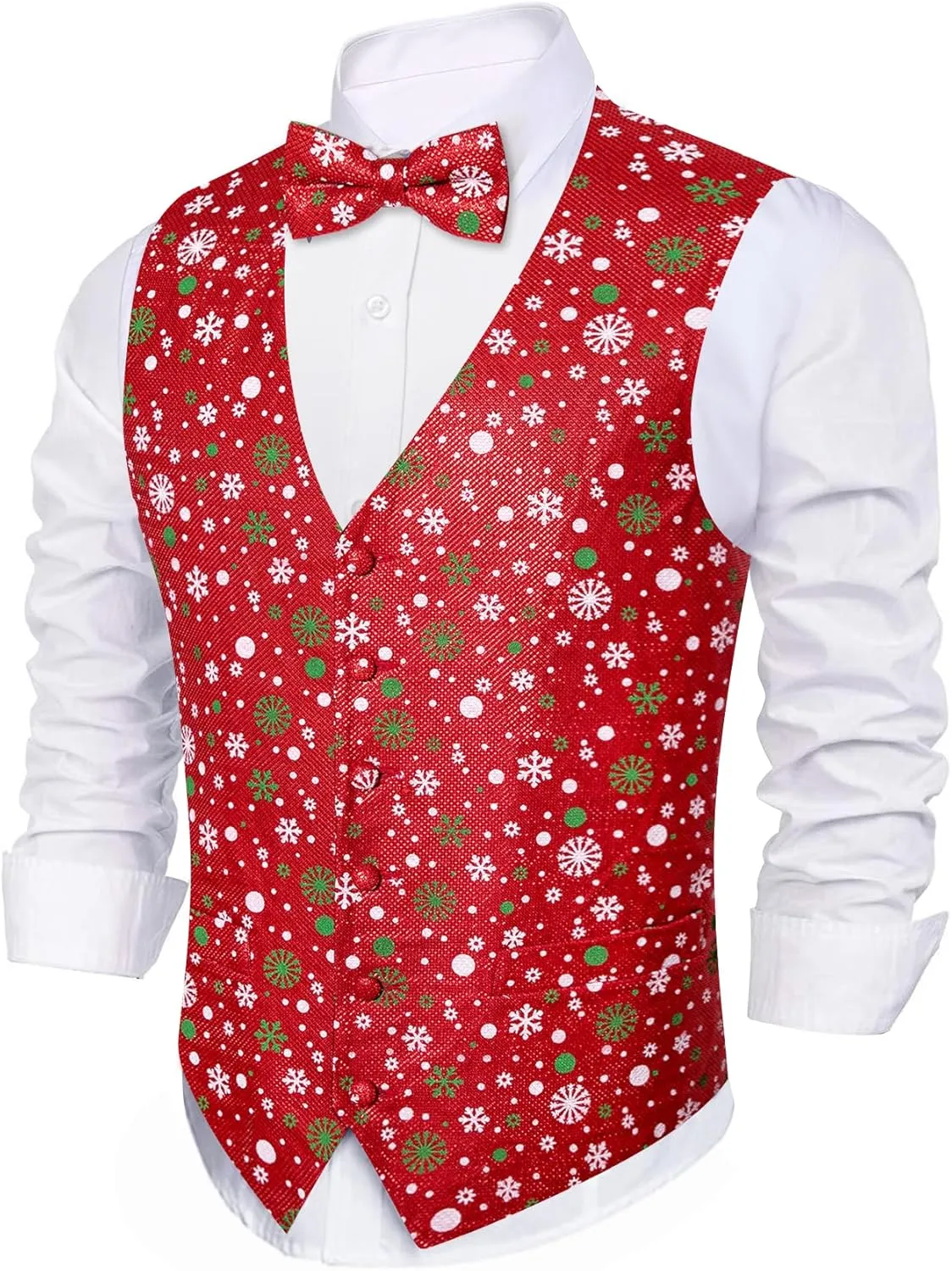 Barry.Wang Mens Christmas Vest Red Green Xmas Tree Snowman Snowflake Festival Suit Waistcoat Bow Tie Set Holiday
