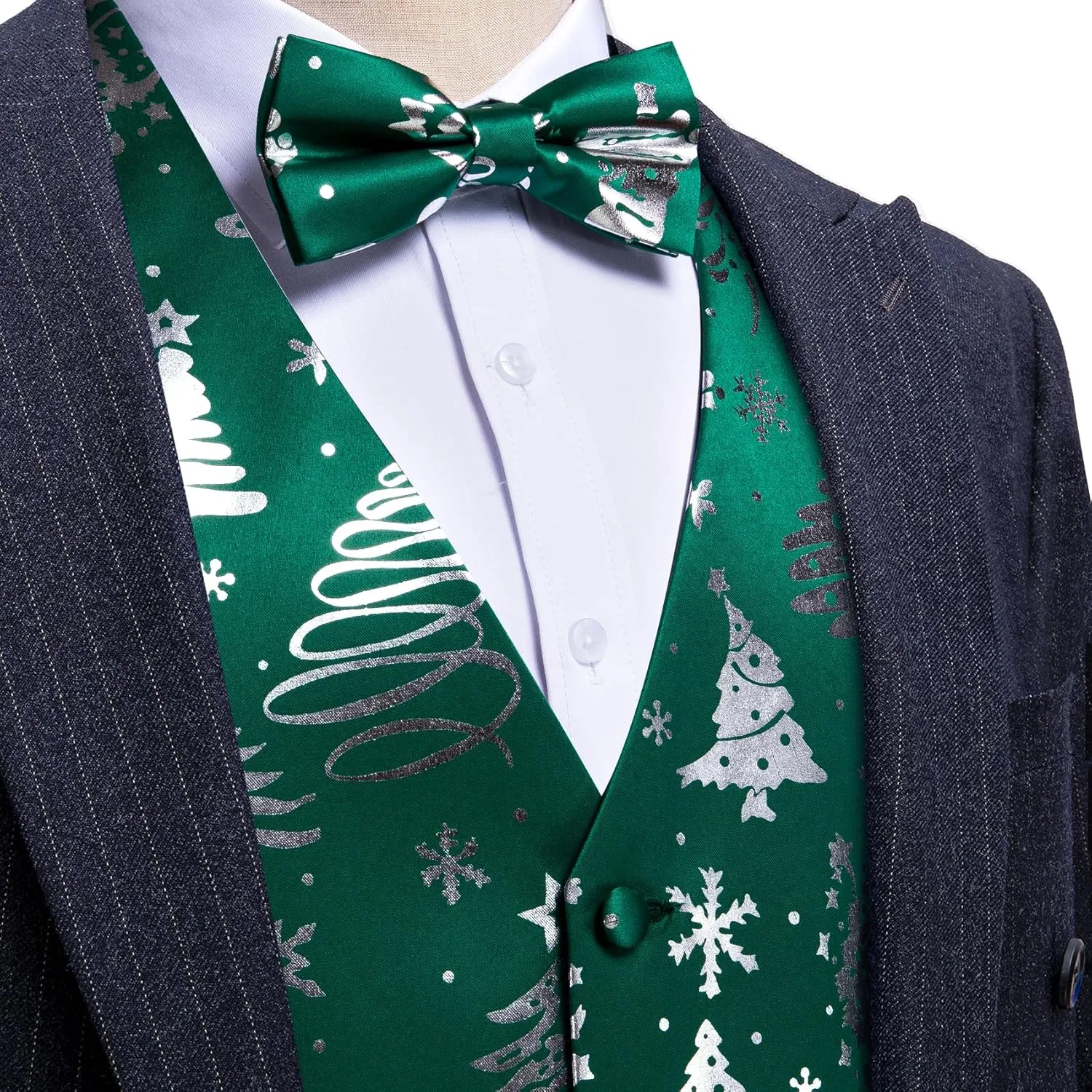 Barry.Wang Mens Christmas Vest Red Green Xmas Tree Snowman Snowflake Festival Suit Waistcoat Bow Tie Set Holiday