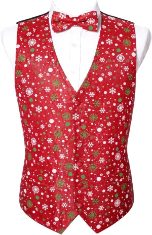 Barry.Wang Mens Christmas Vest Red Green Xmas Tree Snowman Snowflake Festival Suit Waistcoat Bow Tie Set Holiday