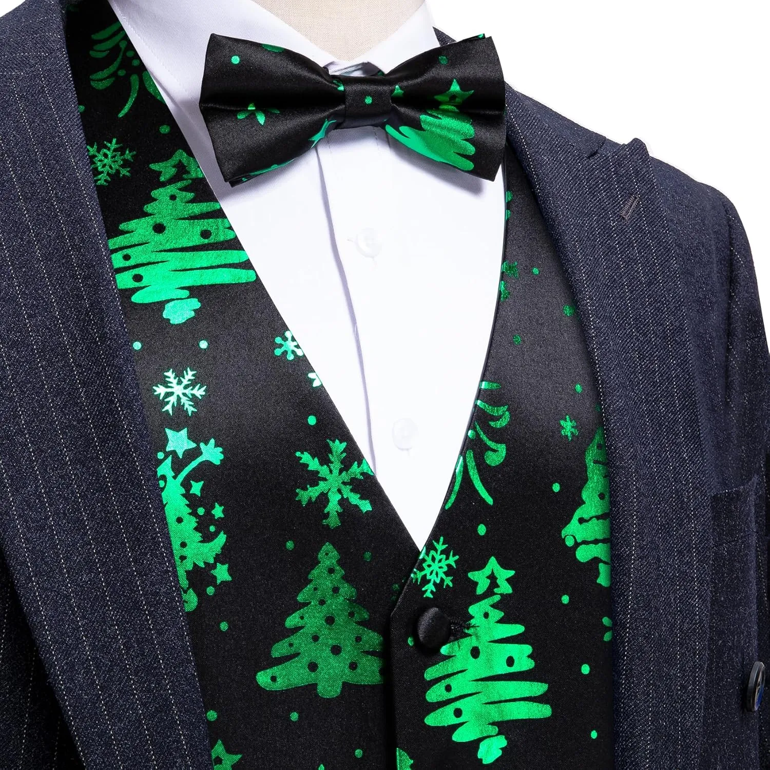 Barry.Wang Mens Christmas Vest Red Green Xmas Tree Snowman Snowflake Festival Suit Waistcoat Bow Tie Set Holiday