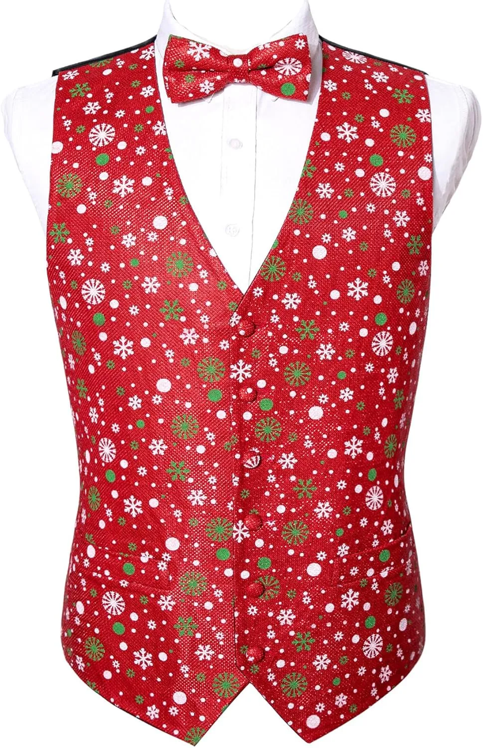 Barry.Wang Mens Christmas Vest Red Green Xmas Tree Snowman Snowflake Festival Suit Waistcoat Bow Tie Set Holiday