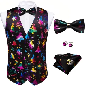 Barry.Wang Mens Christmas Vest Red Green Xmas Tree Snowman Snowflake Festival Suit Waistcoat Bow Tie Set Holiday