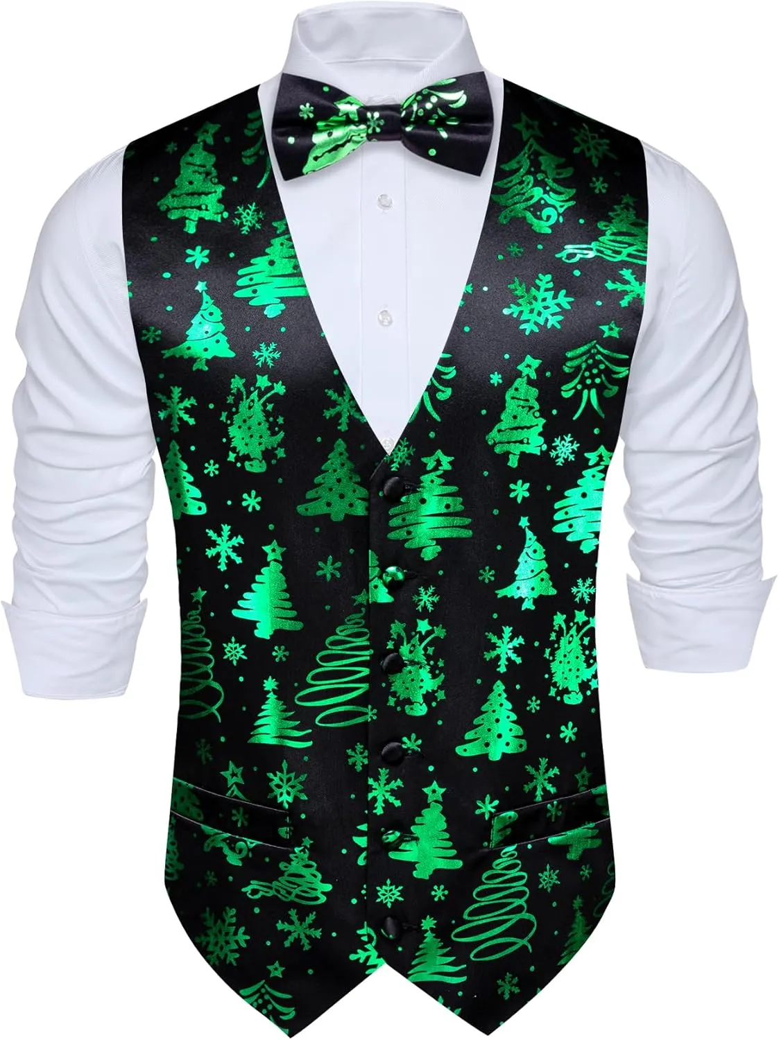 Barry.Wang Mens Christmas Vest Red Green Xmas Tree Snowman Snowflake Festival Suit Waistcoat Bow Tie Set Holiday