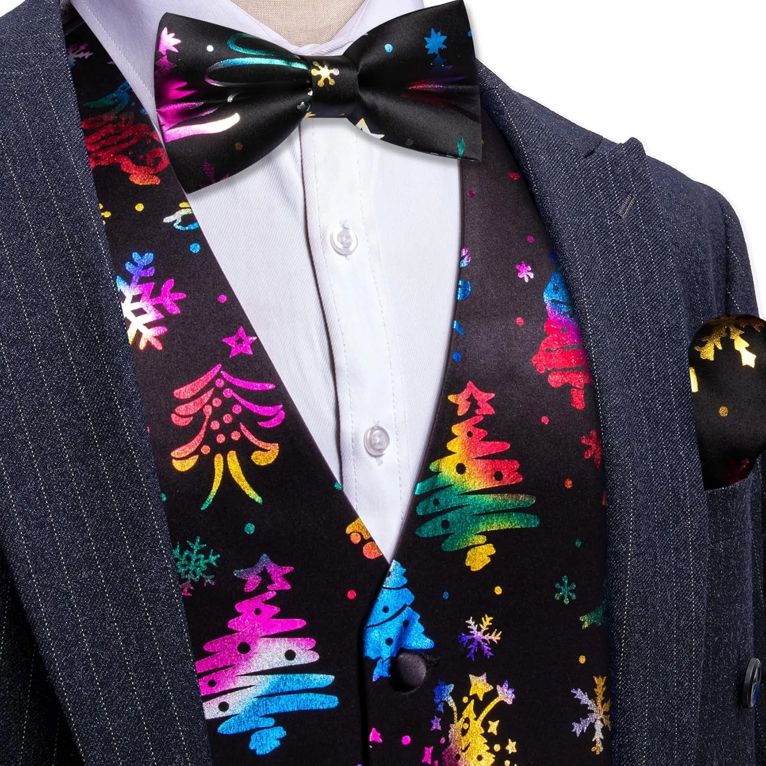 Barry.Wang Mens Christmas Vest Red Green Xmas Tree Snowman Snowflake Festival Suit Waistcoat Bow Tie Set Holiday