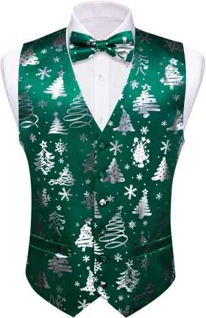 Barry.Wang Mens Christmas Vest Red Green Xmas Tree Snowman Snowflake Festival Suit Waistcoat Bow Tie Set Holiday