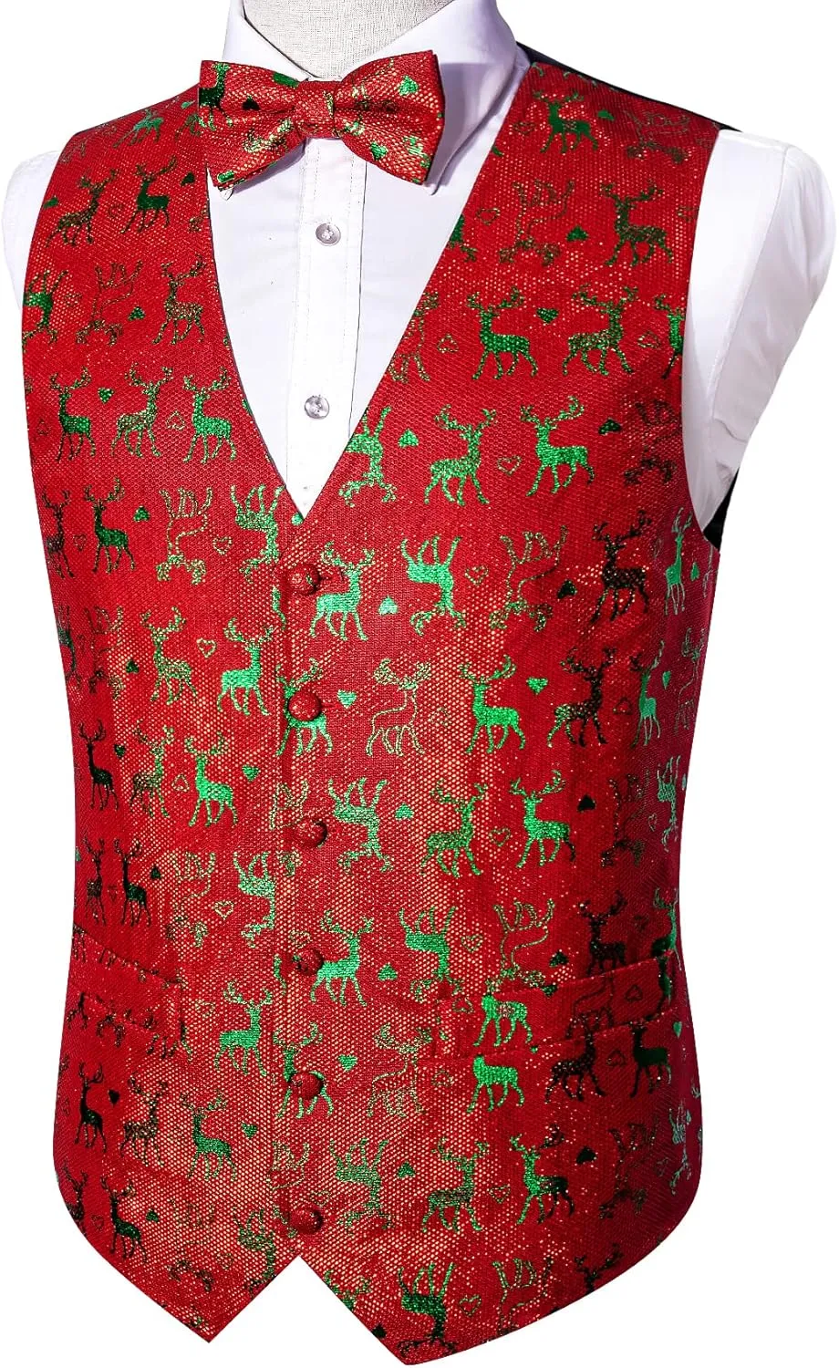 Barry.Wang Mens Christmas Vest Red Green Xmas Tree Snowman Snowflake Festival Suit Waistcoat Bow Tie Set Holiday