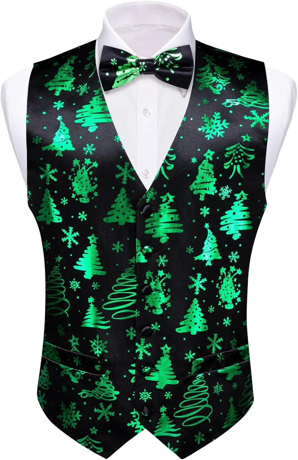 Barry.Wang Mens Christmas Vest Red Green Xmas Tree Snowman Snowflake Festival Suit Waistcoat Bow Tie Set Holiday