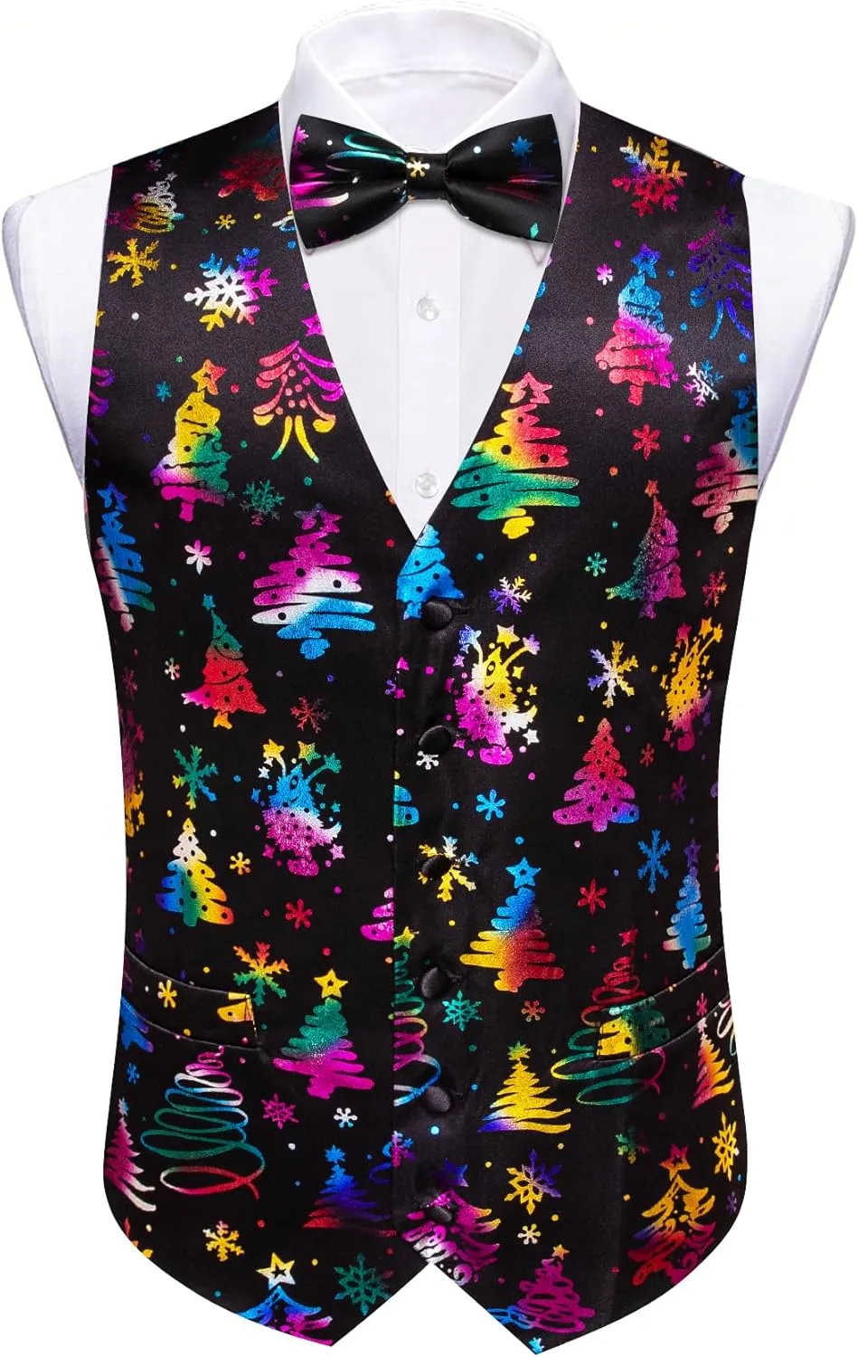 Barry.Wang Mens Christmas Vest Red Green Xmas Tree Snowman Snowflake Festival Suit Waistcoat Bow Tie Set Holiday