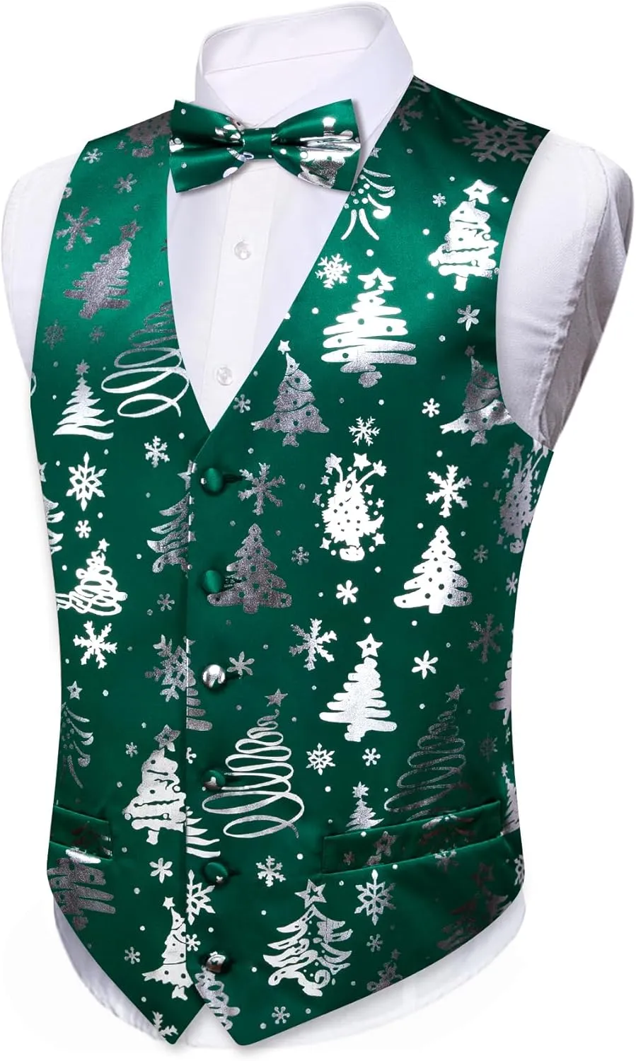 Barry.Wang Mens Christmas Vest Red Green Xmas Tree Snowman Snowflake Festival Suit Waistcoat Bow Tie Set Holiday