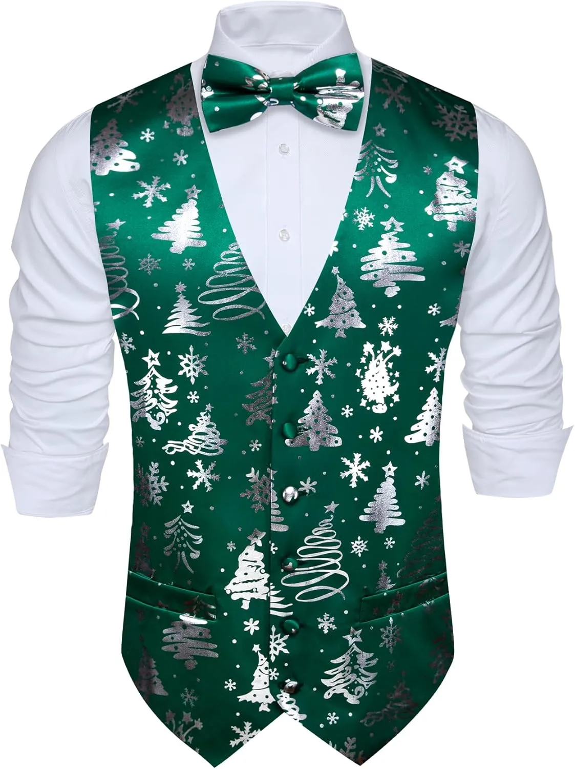 Barry.Wang Mens Christmas Vest Red Green Xmas Tree Snowman Snowflake Festival Suit Waistcoat Bow Tie Set Holiday