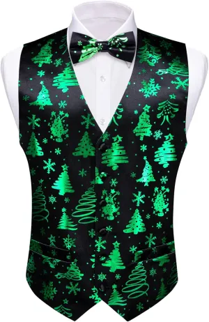 Barry.Wang Mens Christmas Vest Red Green Xmas Tree Snowman Snowflake Festival Suit Waistcoat Bow Tie Set Holiday