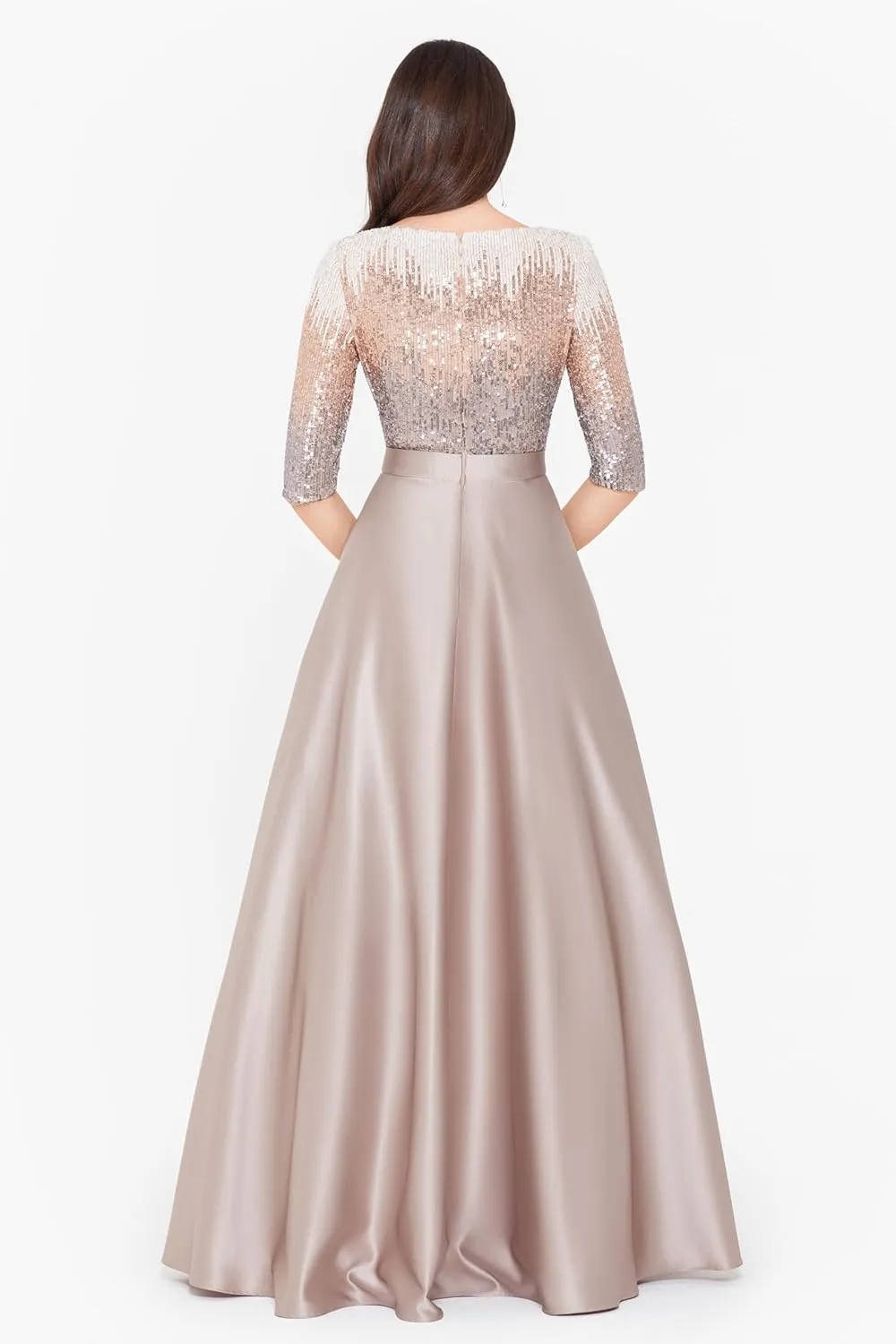 Betsy & Adam Women's Sequin Embellished Satin Ball Gown with 3/4 Sleeves and Center Back Zipper
