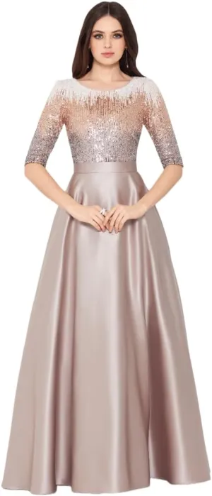 Betsy & Adam Women's Sequin Embellished Satin Ball Gown with 3/4 Sleeves and Center Back Zipper