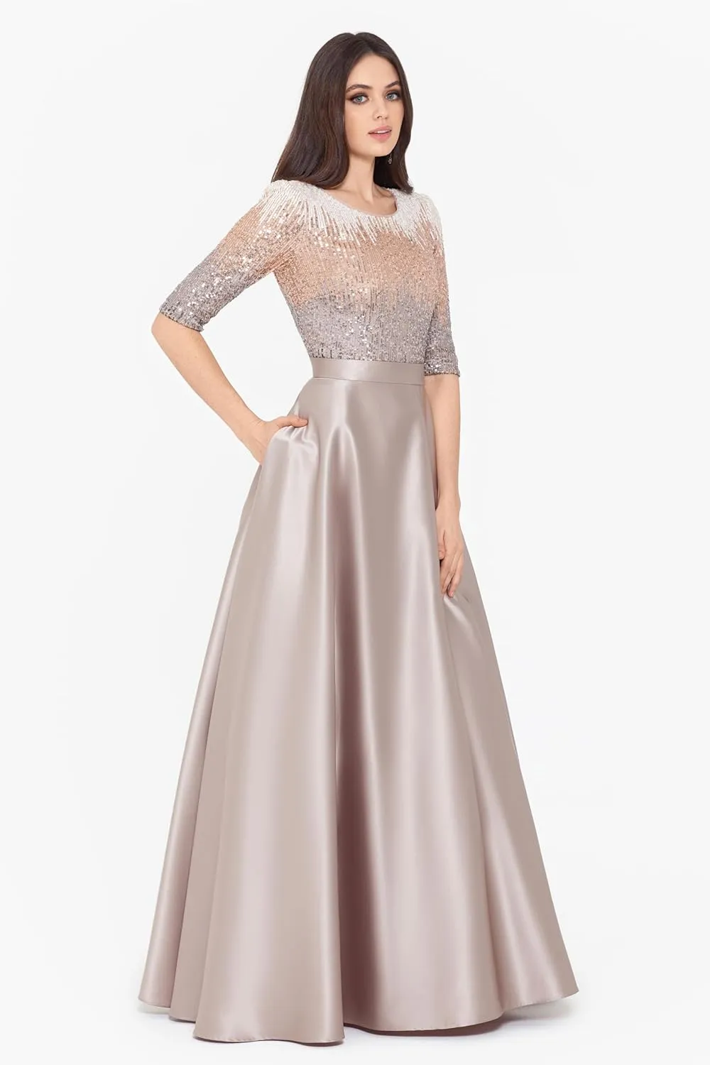 Betsy & Adam Women's Sequin Embellished Satin Ball Gown with 3/4 Sleeves and Center Back Zipper
