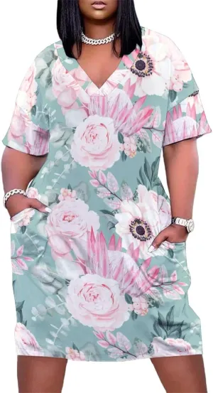 Bird Flower Midi Dresses Plus Size Womens Dress Casual Loose V Neck Short Sleeve T Shirt Dresse Sexy Pocket