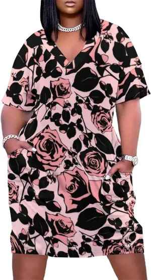 Bird Flower Midi Dresses Plus Size Womens Dress Casual Loose V Neck Short Sleeve T Shirt Dresse Sexy Pocket
