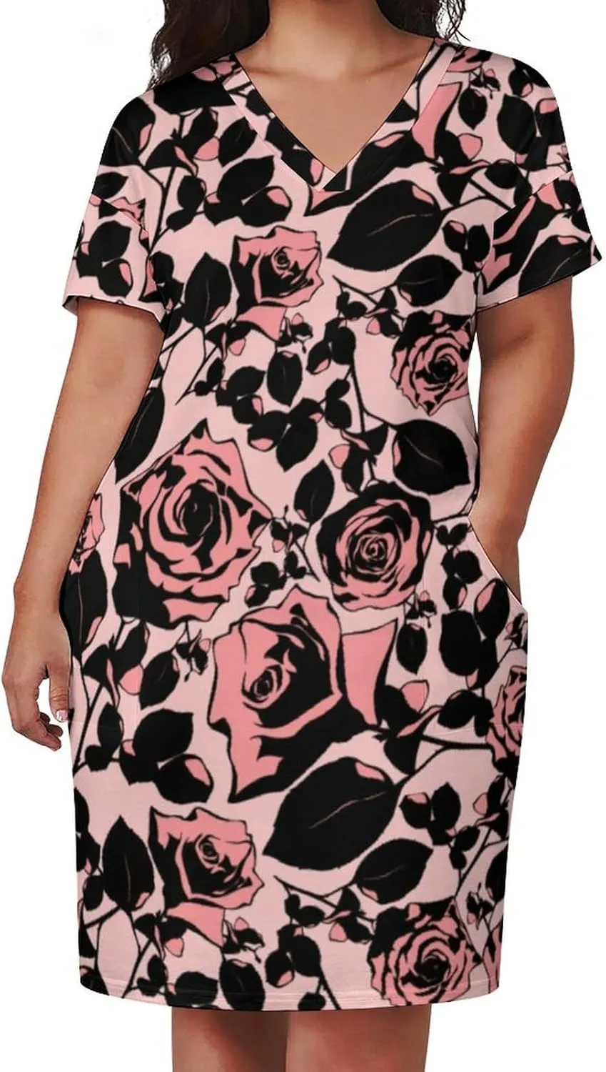 Bird Flower Midi Dresses Plus Size Womens Dress Casual Loose V Neck Short Sleeve T Shirt Dresse Sexy Pocket