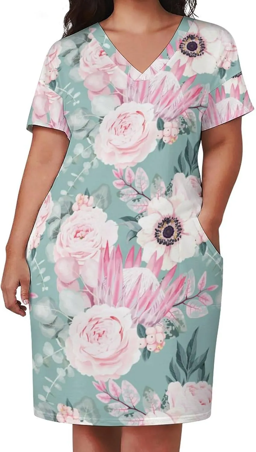 Bird Flower Midi Dresses Plus Size Womens Dress Casual Loose V Neck Short Sleeve T Shirt Dresse Sexy Pocket