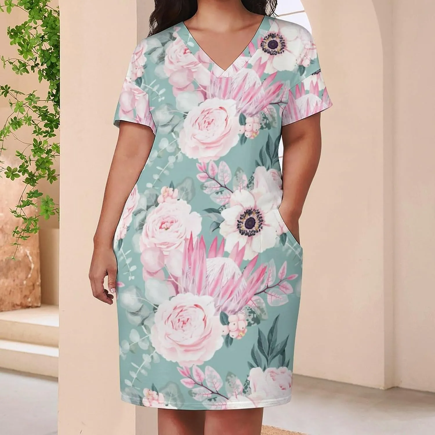 Bird Flower Midi Dresses Plus Size Womens Dress Casual Loose V Neck Short Sleeve T Shirt Dresse Sexy Pocket