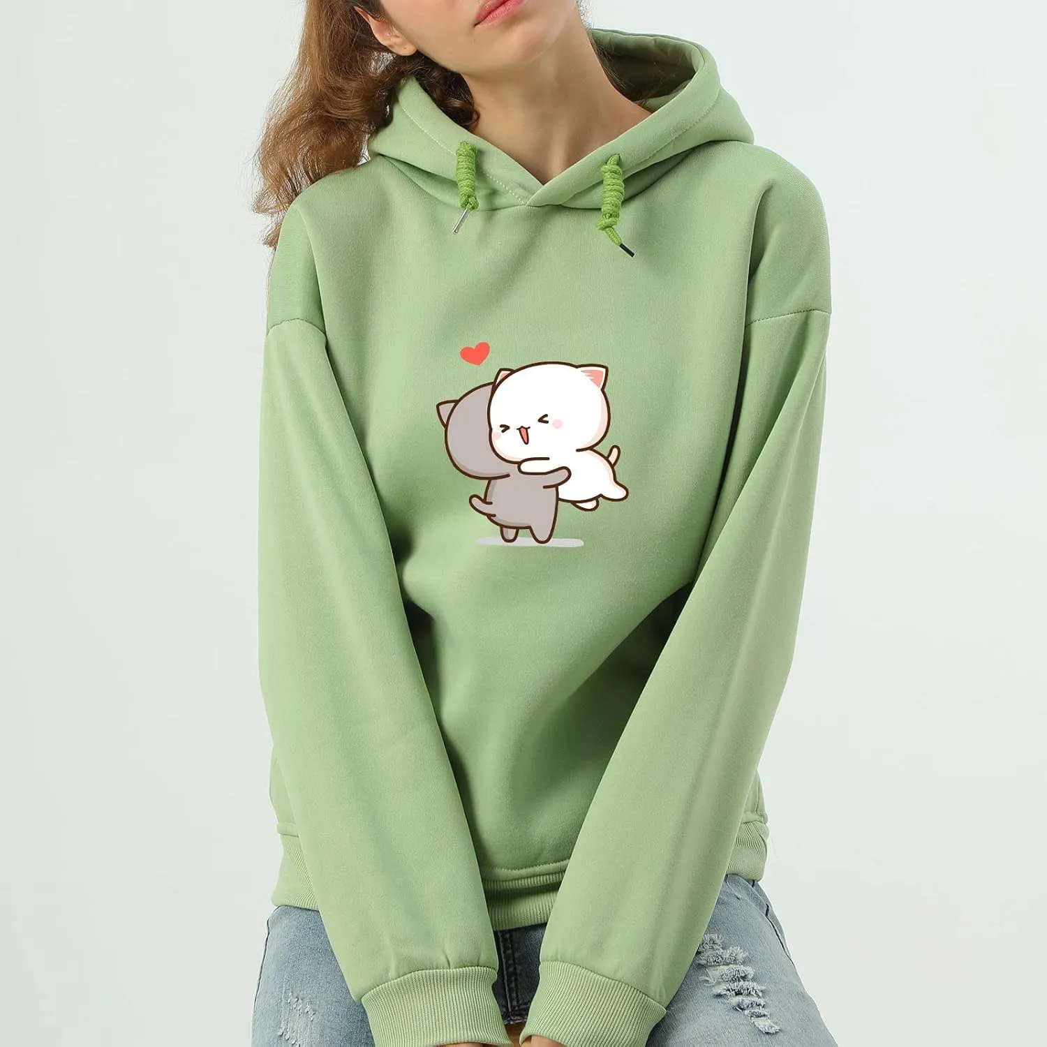 Bobeutou Cute Cartoon Cat Hoodie for Teen Girls Kawaii Graphic Oversized Aesthetic Fleece Preppy Sweatshirts Women Pullover