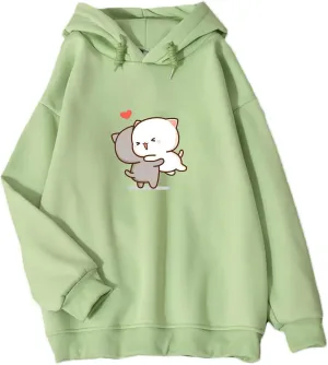 Bobeutou Cute Cartoon Cat Hoodie for Teen Girls Kawaii Graphic Oversized Aesthetic Fleece Preppy Sweatshirts Women Pullover