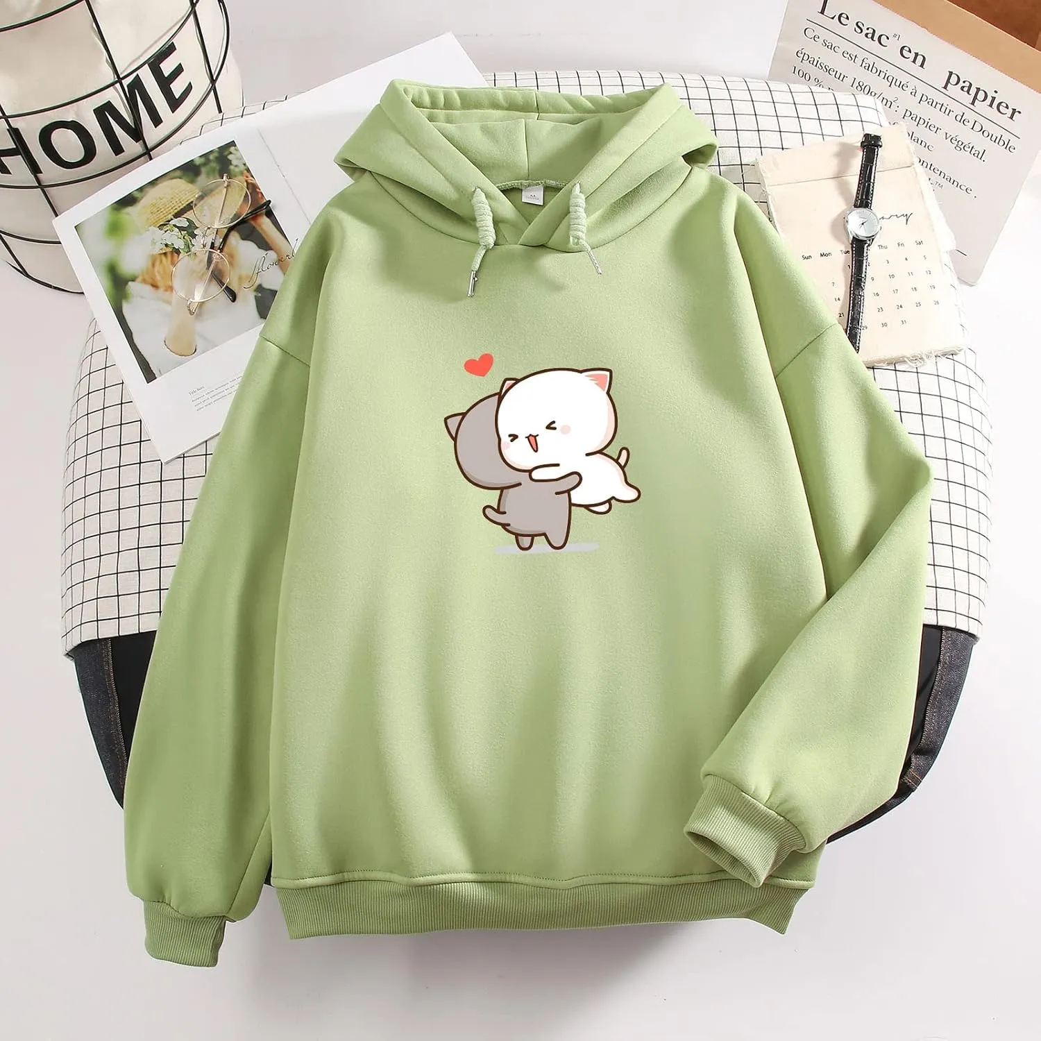 Bobeutou Cute Cartoon Cat Hoodie for Teen Girls Kawaii Graphic Oversized Aesthetic Fleece Preppy Sweatshirts Women Pullover
