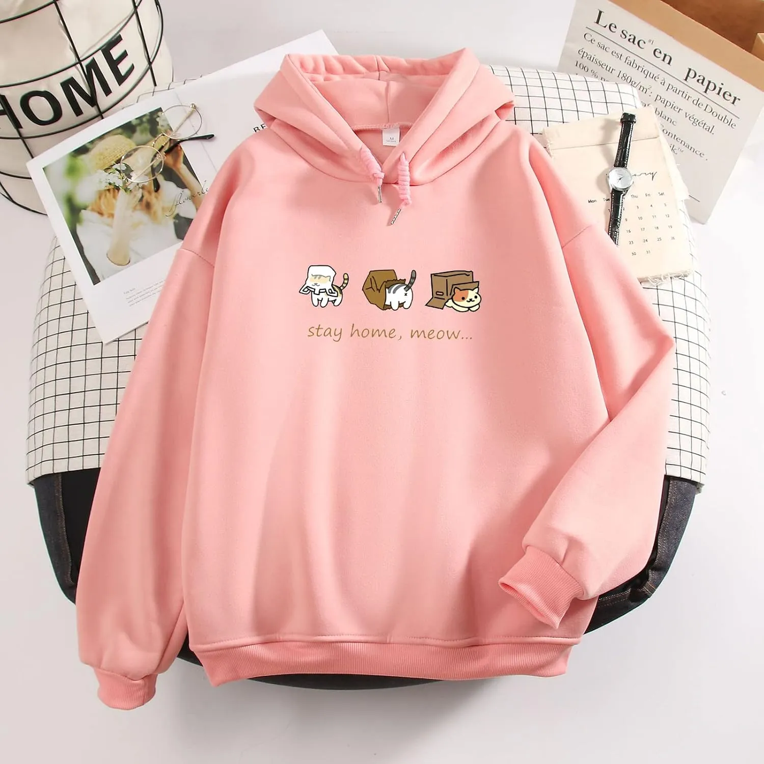 Bobeutou Women Cute Cat Print Oversized Hoodies for Teen Girls Aesthetic Kawaii Cartoon Graphic Fleece Sweatshirt for Women