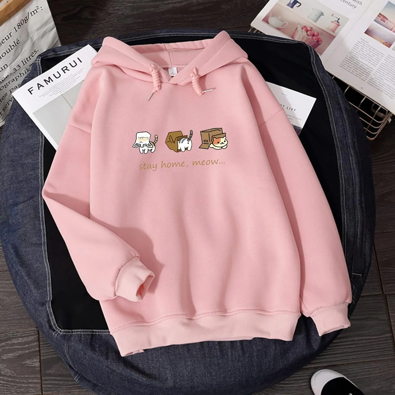 Bobeutou Women Cute Cat Print Oversized Hoodies for Teen Girls Aesthetic Kawaii Cartoon Graphic Fleece Sweatshirt for Women