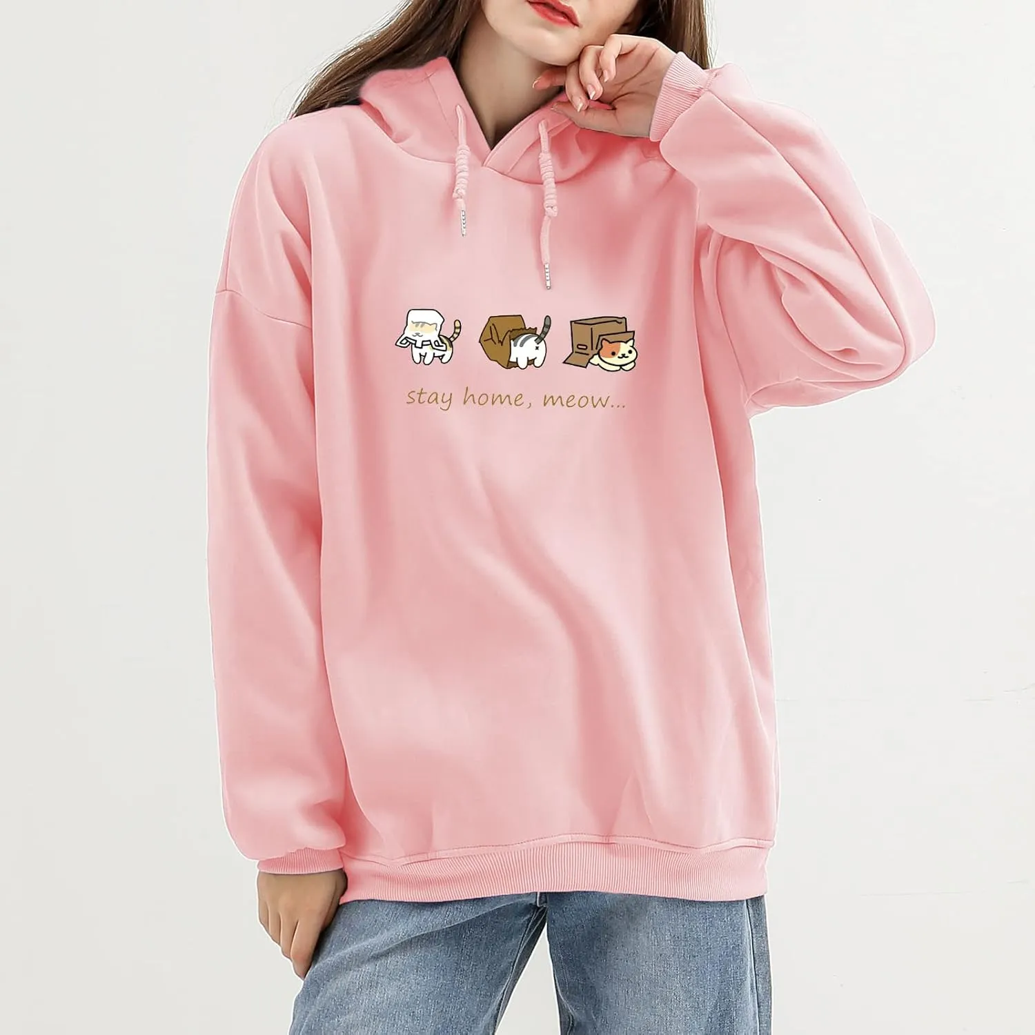 Bobeutou Women Cute Cat Print Oversized Hoodies for Teen Girls Aesthetic Kawaii Cartoon Graphic Fleece Sweatshirt for Women