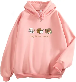 Bobeutou Women Cute Cat Print Oversized Hoodies for Teen Girls Aesthetic Kawaii Cartoon Graphic Fleece Sweatshirt for Women