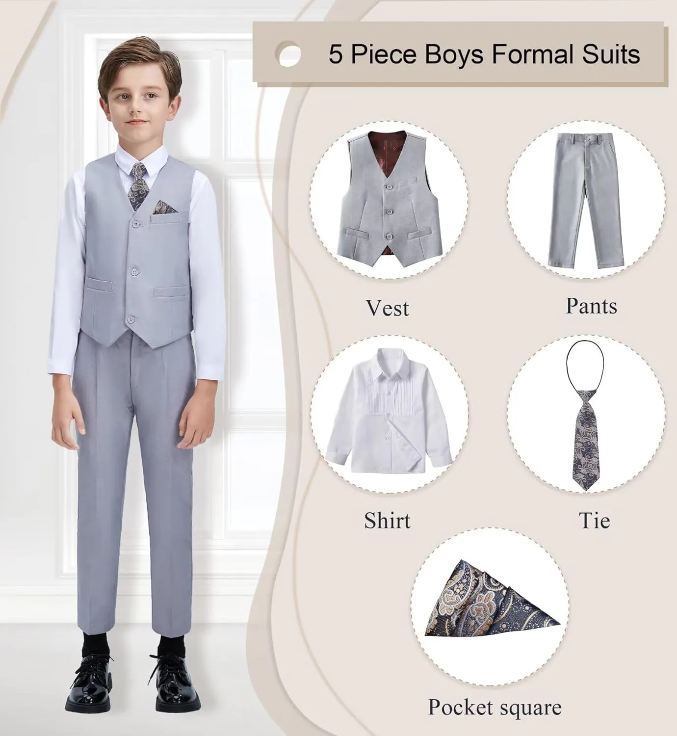 Boys Suit Formal Dress Pants Vest Suit Set for Boys Wedding Outfits with Dress Shirt Tie and Pocket Square