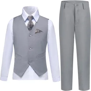 Boys Suit Formal Dress Pants Vest Suit Set for Boys Wedding Outfits with Dress Shirt Tie and Pocket Square
