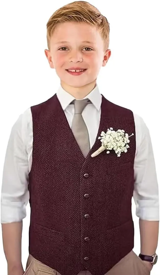 Boys Tweed Vest Vintage Toddler Waistcoat with Pocket Slim Fit Formal Dress Up Outfit