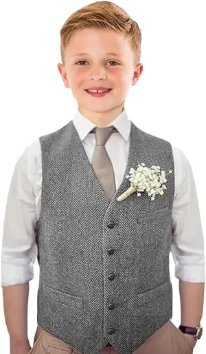 Boys Tweed Vest Vintage Toddler Waistcoat with Pocket Slim Fit Formal Dress Up Outfit