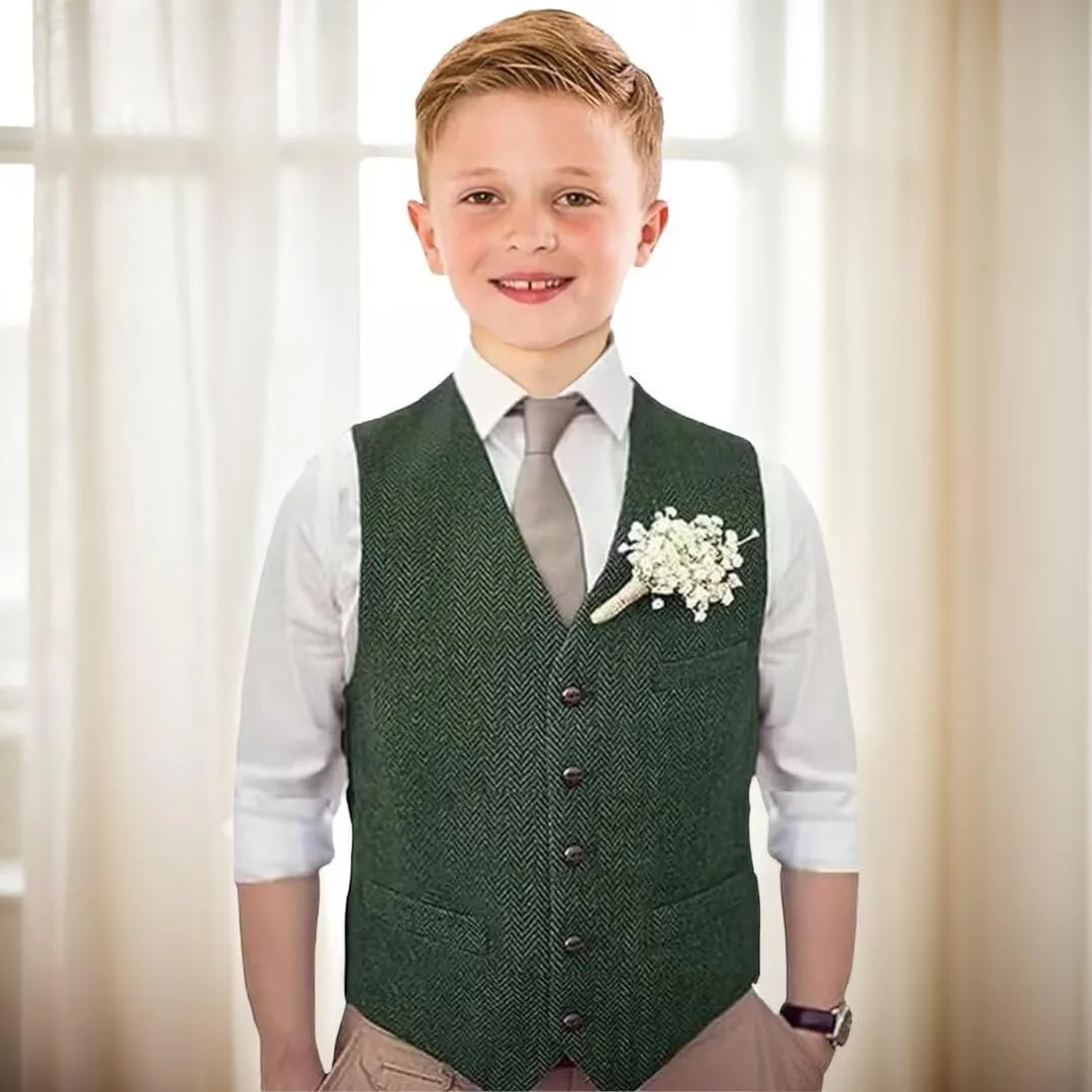 Boys Tweed Vest Vintage Toddler Waistcoat with Pocket Slim Fit Formal Dress Up Outfit