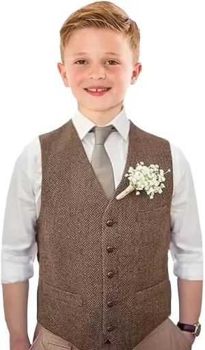 Boys Tweed Vest Vintage Toddler Waistcoat with Pocket Slim Fit Formal Dress Up Outfit