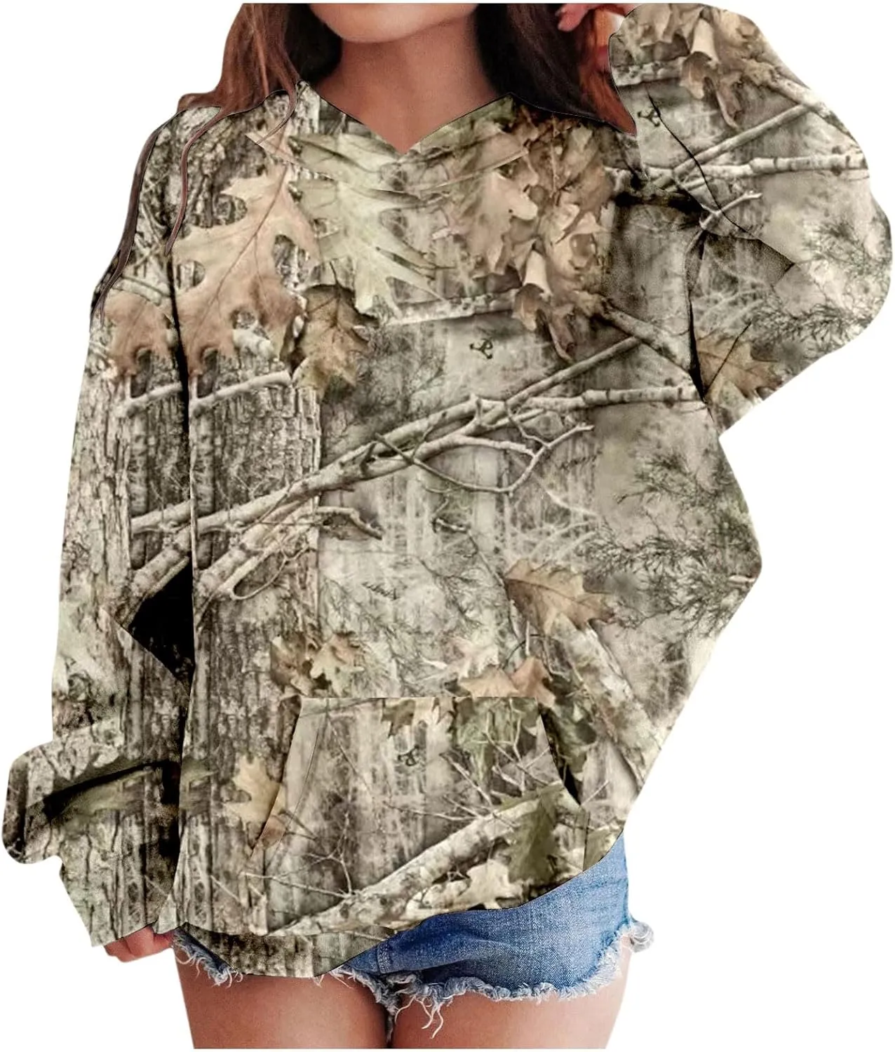 Camo Hoodies for Teen Girls Cute Sweatshirt Maple Leaf Print Oversized Fleece Sweatshirts Classic Pullover with Pocket
