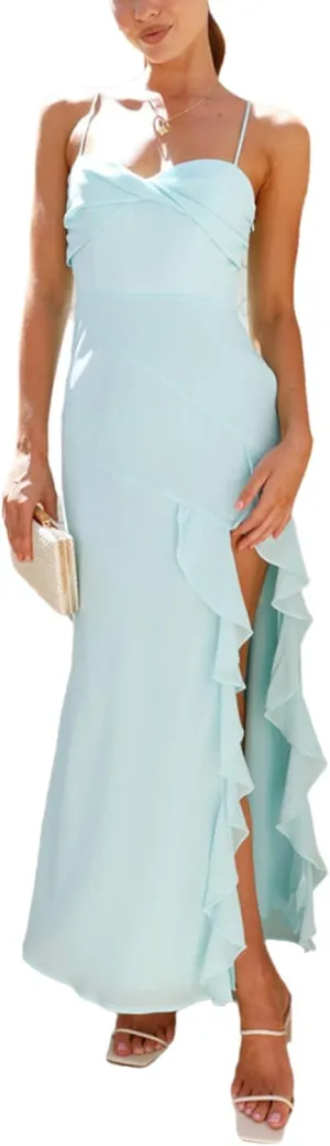 cffvdiz Women's Summer Bodycon Dress Sexy Sleeveless Spaghetti Strap High Split Ruffle Hem Maxi Dress
