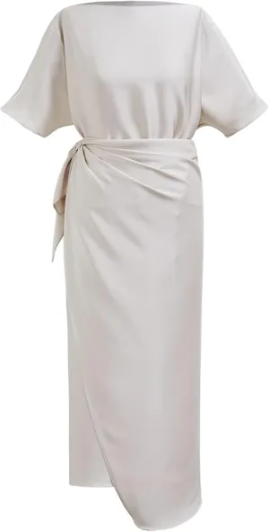 CHICWISH Women Satin Short Sleeve Maxi Dress Elegant Boat Neck Cocktail Evening Party Wrap Long Dress