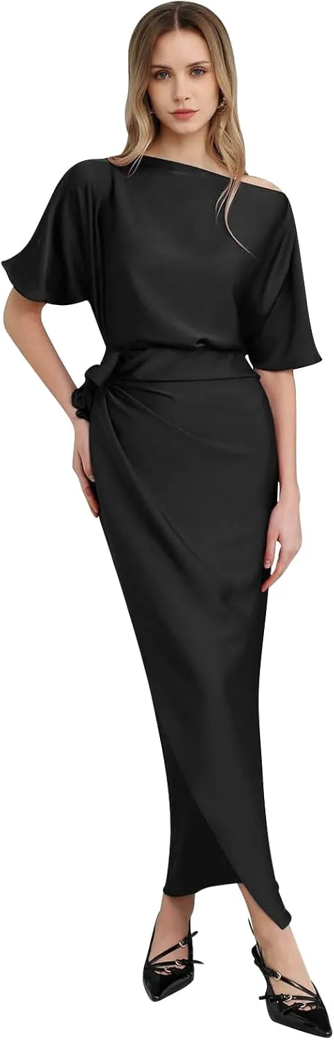 CHICWISH Women Satin Short Sleeve Maxi Dress Elegant Boat Neck Cocktail Evening Party Wrap Long Dress