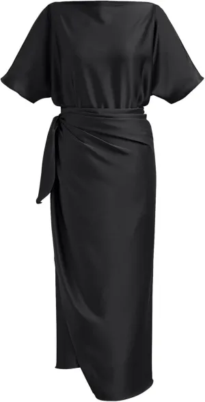 CHICWISH Women Satin Short Sleeve Maxi Dress Elegant Boat Neck Cocktail Evening Party Wrap Long Dress