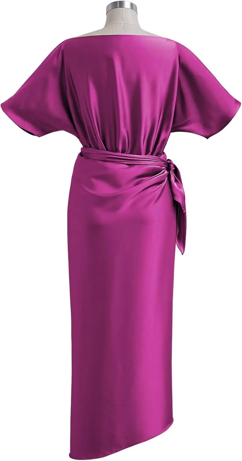 CHICWISH Women Satin Short Sleeve Maxi Dress Elegant Boat Neck Cocktail Evening Party Wrap Long Dress