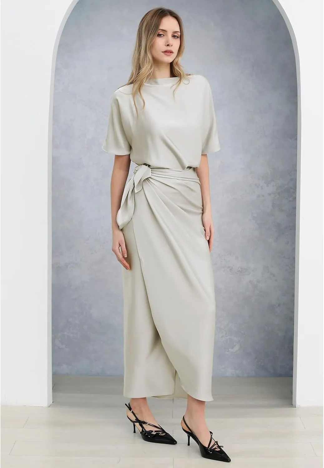 CHICWISH Women Satin Short Sleeve Maxi Dress Elegant Boat Neck Cocktail Evening Party Wrap Long Dress