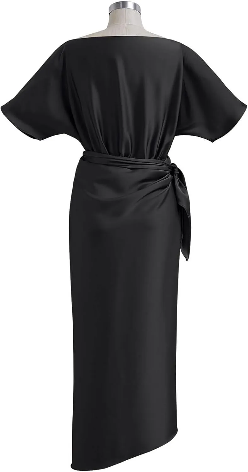 CHICWISH Women Satin Short Sleeve Maxi Dress Elegant Boat Neck Cocktail Evening Party Wrap Long Dress