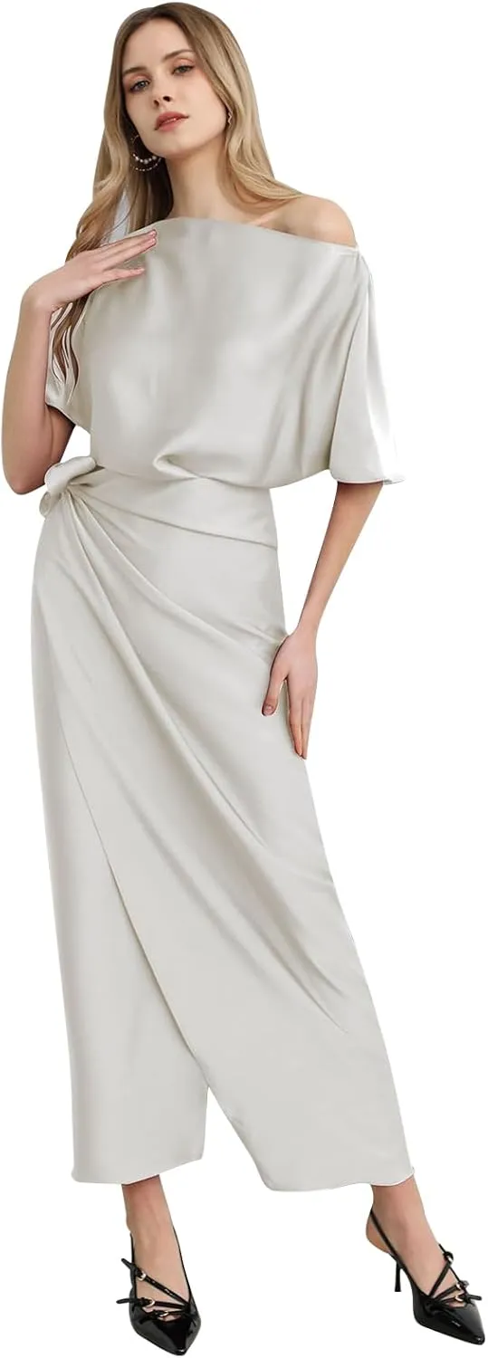 CHICWISH Women Satin Short Sleeve Maxi Dress Elegant Boat Neck Cocktail Evening Party Wrap Long Dress