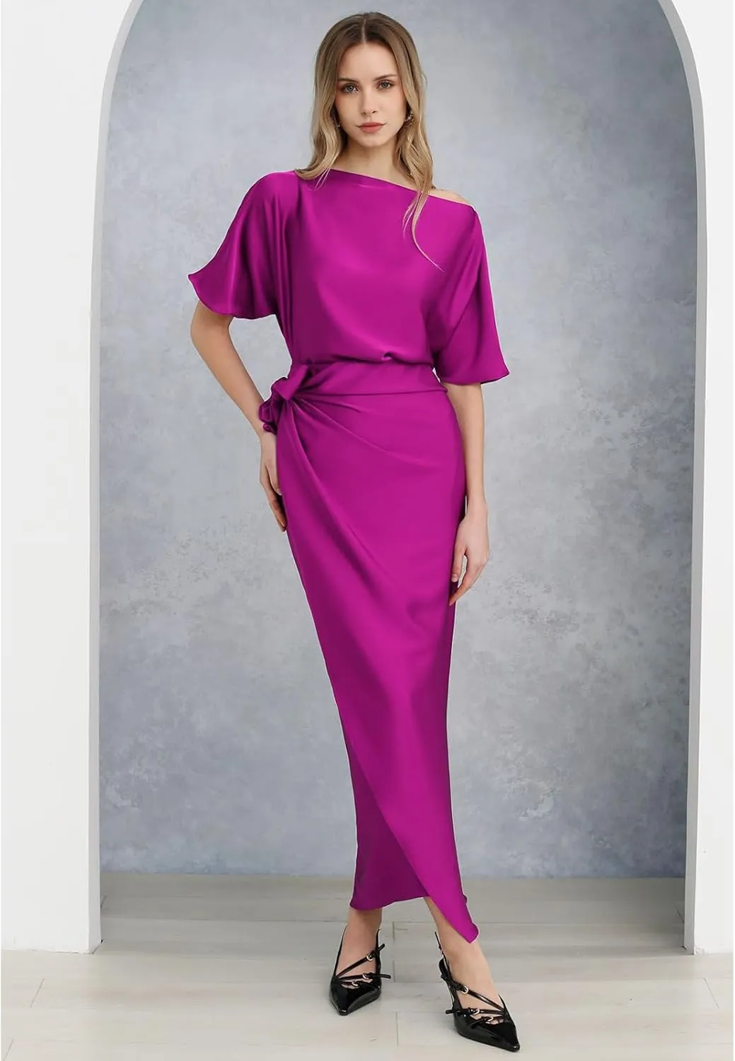 CHICWISH Women Satin Short Sleeve Maxi Dress Elegant Boat Neck Cocktail Evening Party Wrap Long Dress