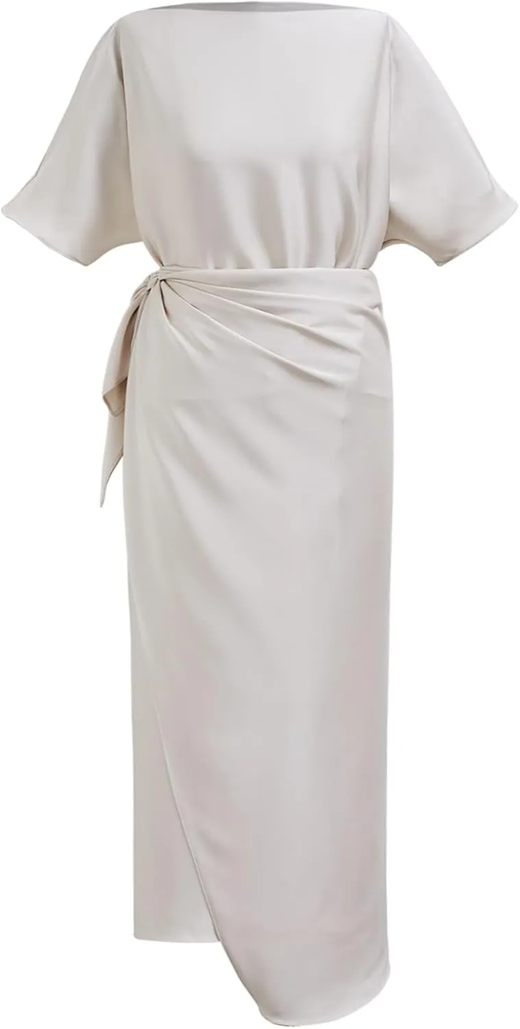 CHICWISH Women Satin Short Sleeve Maxi Dress Elegant Boat Neck Cocktail Evening Party Wrap Long Dress