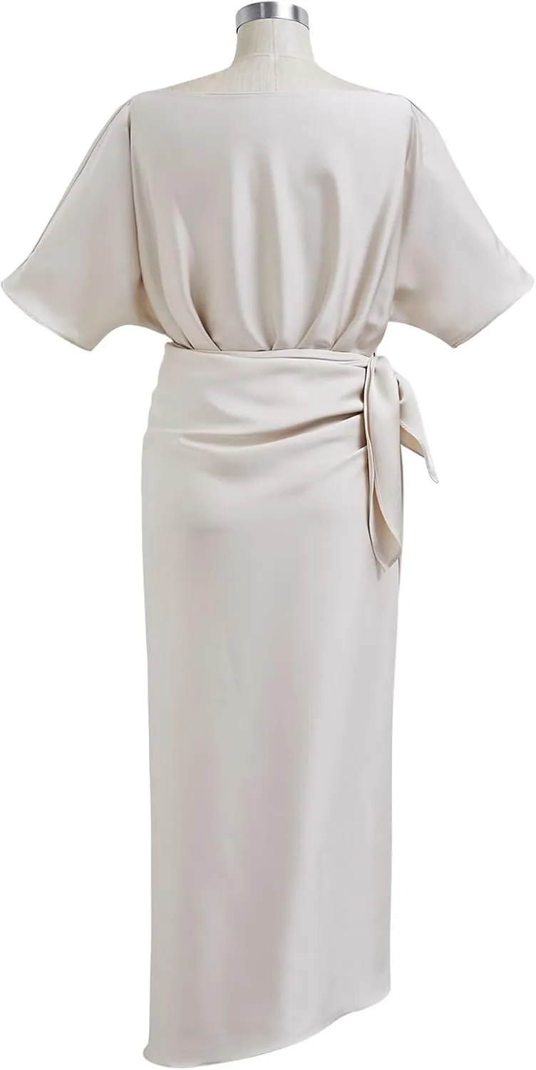 CHICWISH Women Satin Short Sleeve Maxi Dress Elegant Boat Neck Cocktail Evening Party Wrap Long Dress