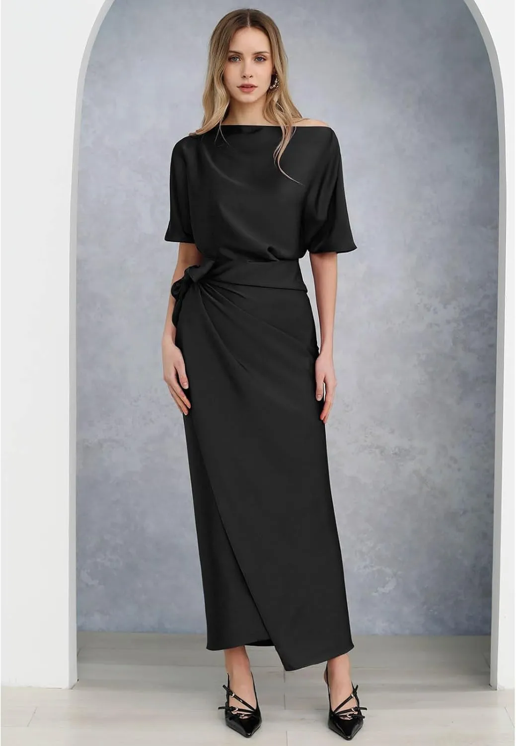 CHICWISH Women Satin Short Sleeve Maxi Dress Elegant Boat Neck Cocktail Evening Party Wrap Long Dress